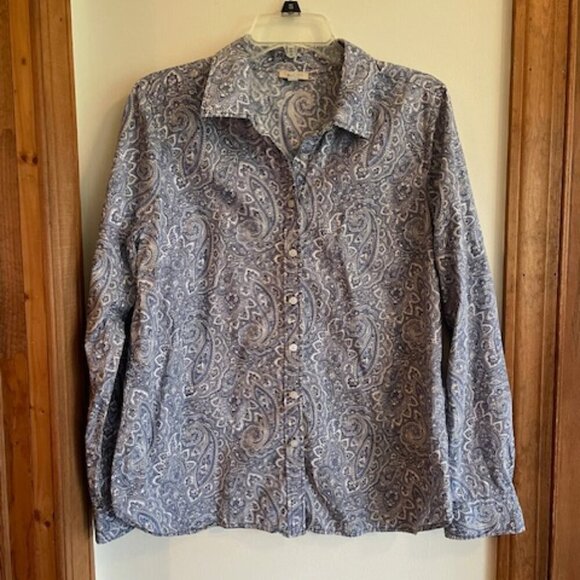TALBOTS Blue Paisley Long Sleeve Button Front Cotton Shirt - Picture 2 of 15